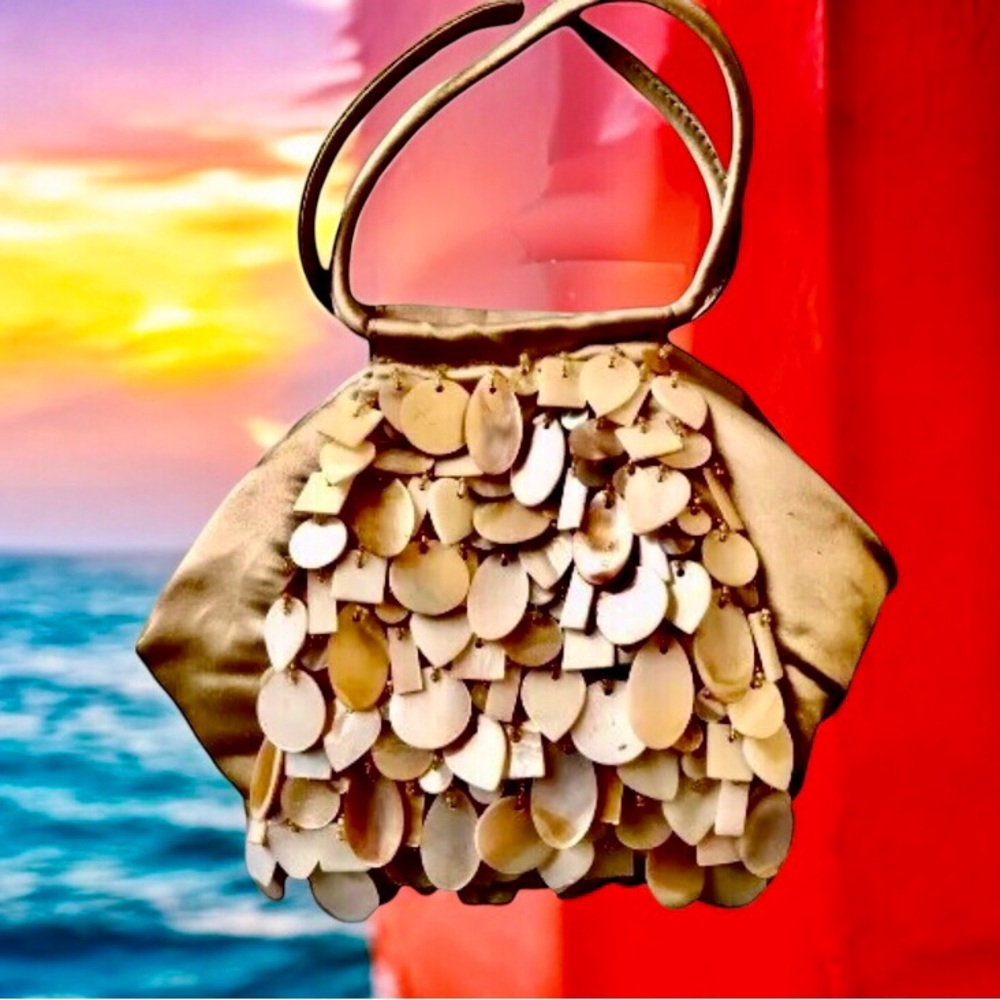 Evening Satchel Handbag Dangling Shell Beads Vintage Double Handles